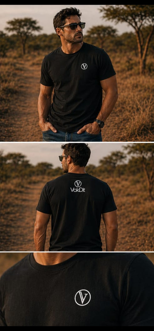 VokDit Core T Embroidered — swart premium katoen tee met geborduurde VokDit logo, voorkant aansig